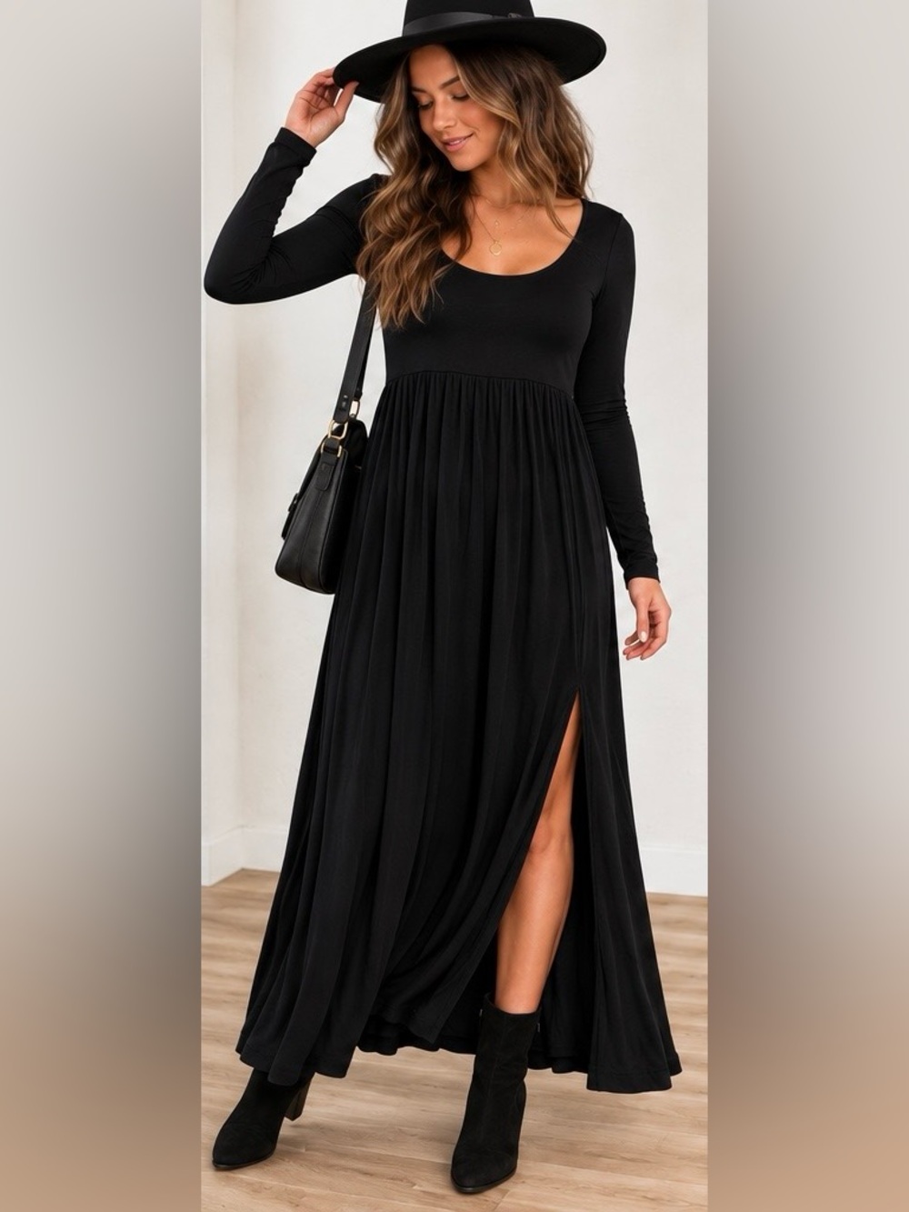 A New Day Black Maxi Dress Long Sleeve Scoop Neck Flowy Boho Medium